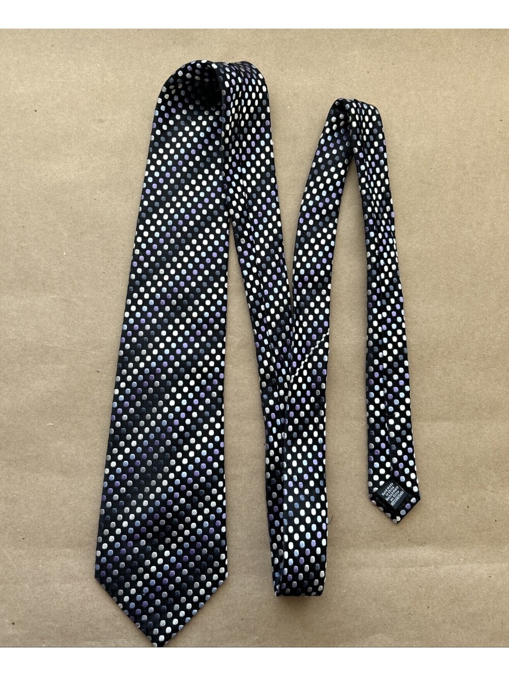 Geoffrey Beene Long silk tie black with purple, grey, white, black polka dots
